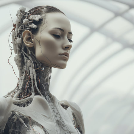 a female robot with wires attached to her bodyの素材