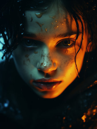 a close up of a young girl with wet hairの素材