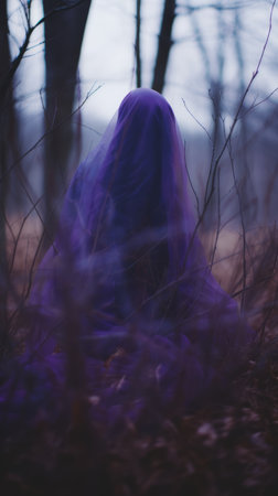 a person in a purple veil sitting in the woodsの素材
