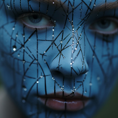a close up of a woman with blue paint on her faceの素材