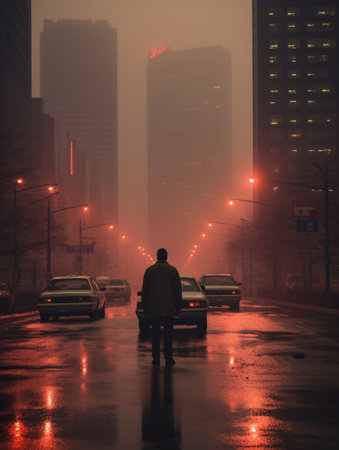 a man is walking down a city street at nightの素材