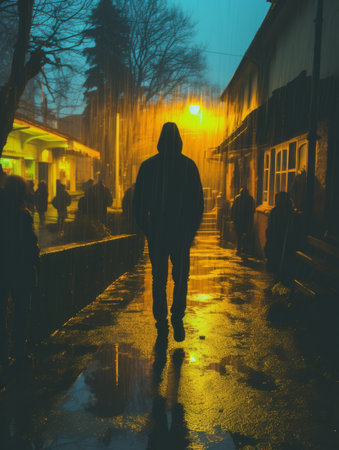 a man in a hoodie walking down a street at nightの素材