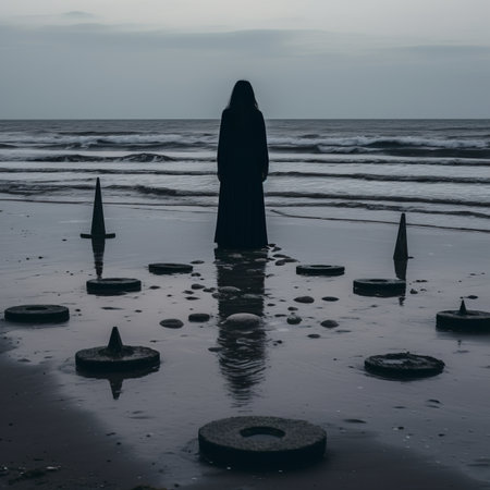 a person in a black cloak standing on the beachの素材