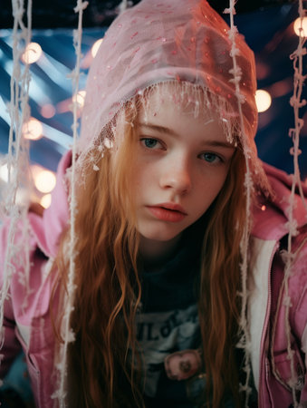 a girl with long red hair wearing a pink jacketの素材