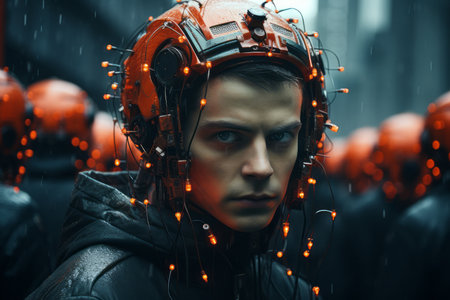 a man wearing an orange helmet in front of a crowd of peopleの素材