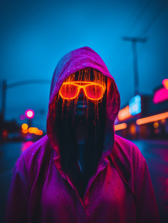 a person in a pink hoodie with neon glassesの素材