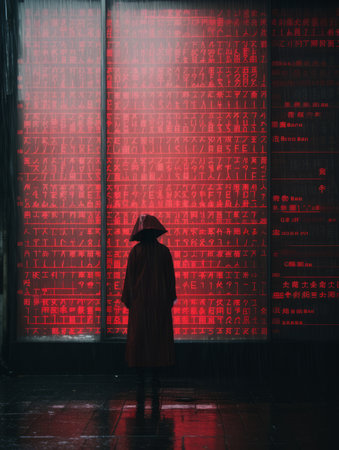 a person in a red coat standing in front of a red screenの素材