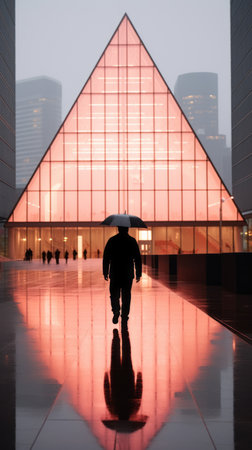 a person walking in front of a building with an umbrellaの素材