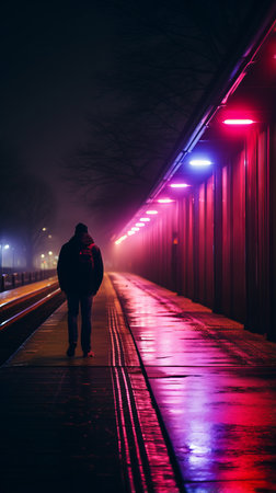 a person standing on a train platform at nightの素材