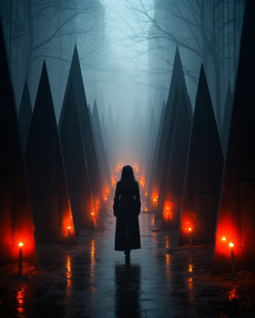 a person walking through a foggy area with candlesの素材