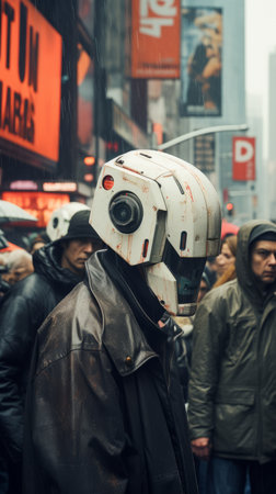 a man wearing a helmet on a busy city streetの素材