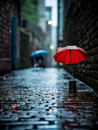 a red umbrella sitting on a cobblestone street in the rainの素材