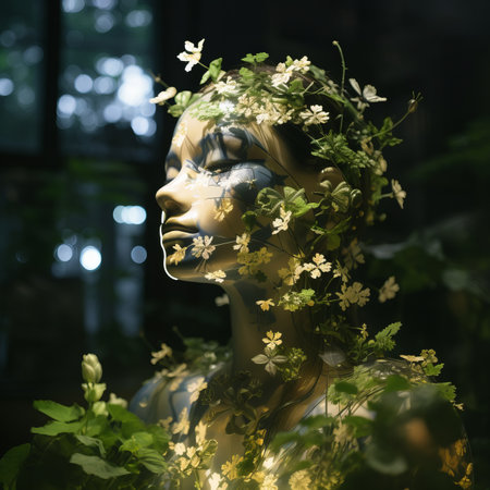 a mannequin with flowers on its faceの素材