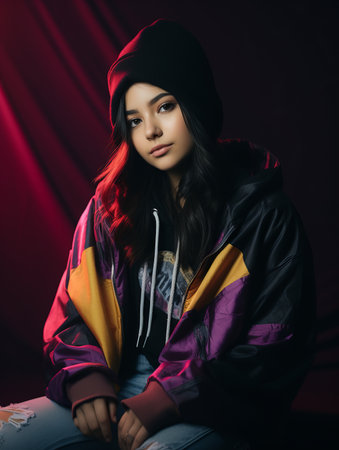 a girl in a hoodie and jacket sitting in front of a red lightの素材