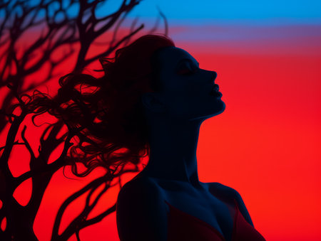 a silhouette of a woman with red hair and blue skyの素材