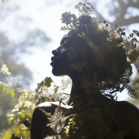a silhouette of a woman with flowers in her hairの素材
