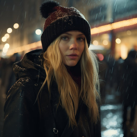 a woman in a black coat and beanie standing in the rain at nightの素材