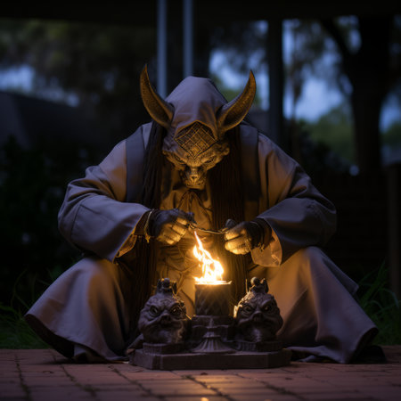 a statue of a man holding a lit candleの素材