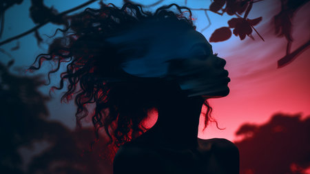 a silhouette of a woman with curly hair in front of a red and blue skyの素材