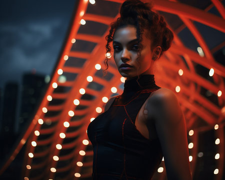 a woman in a black dress standing in front of lightsの素材