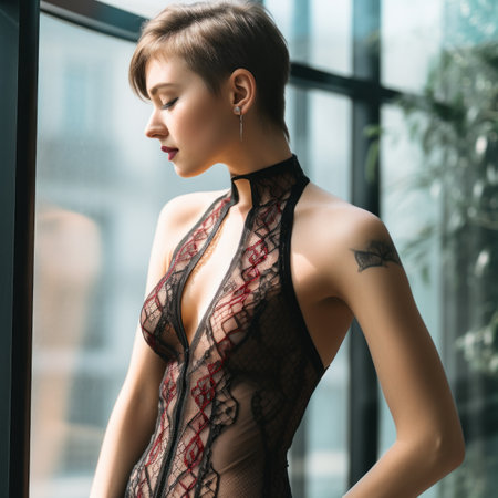 a woman in a black and red lace bodysuitの素材