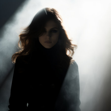 a woman in a black coat standing in front of the sunの素材