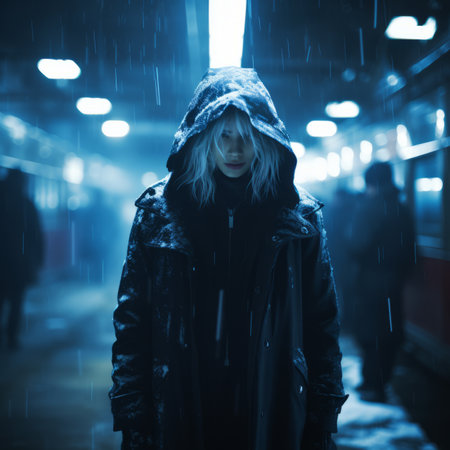 a woman in a black coat standing in the rainの素材