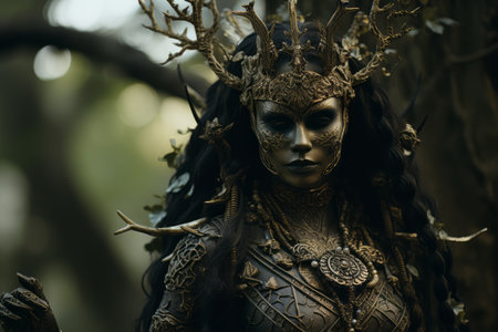 a woman dressed in gold with horns on her headの素材