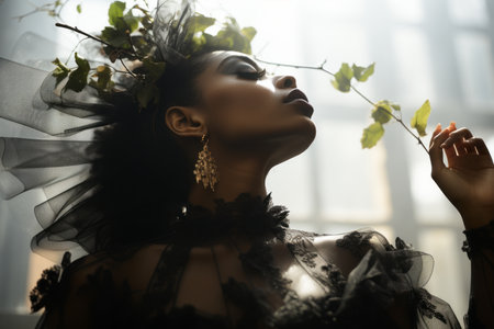 a woman in a black dress with leaves on her headの素材