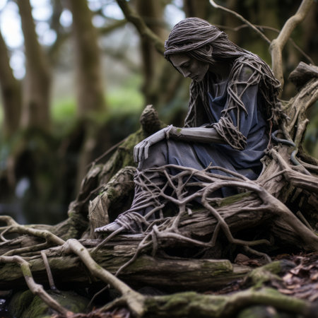 a statue of a woman sitting on a log in the woodsの素材