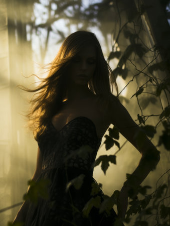 a woman in a black dress standing in the woodsの素材