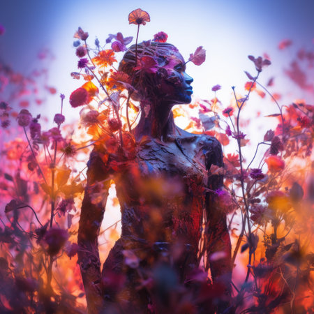 a statue of a woman in a field of flowersの素材