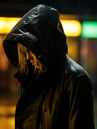 a woman in a black hooded jacket standing in the rainの素材