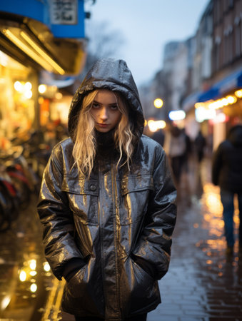 a woman in a black jacket standing on a wet streetの素材