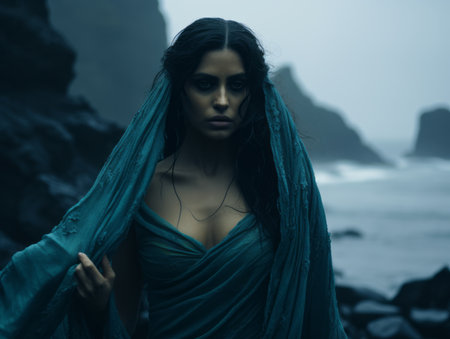 a woman in a blue dress standing on a rocky beachの素材