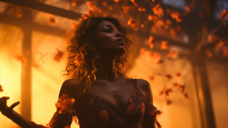 a woman in a floral dress is surrounded by leavesの素材