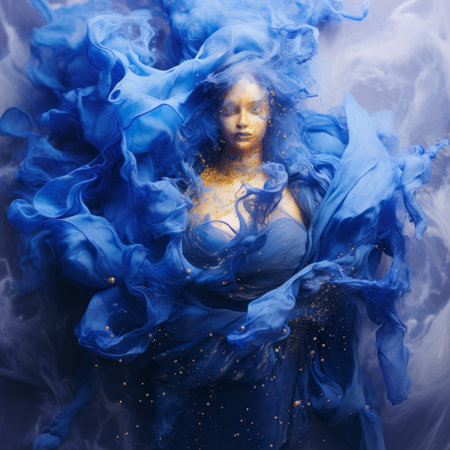 a woman in a blue dress is surrounded by blue smokeの素材