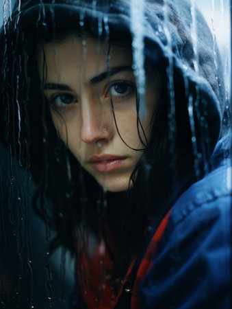 a woman in a hooded jacket looking at the cameraの素材