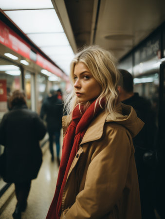 a woman in a coat standing in a subway stationの素材