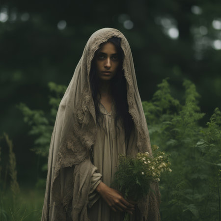 a woman in a hooded robe holding a bunch of flowersの素材