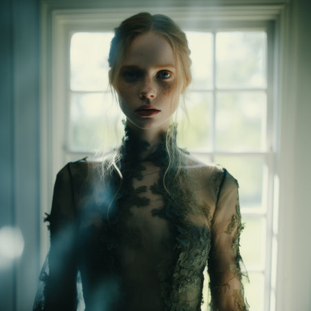 a woman in a green dress standing in front of a windowの素材