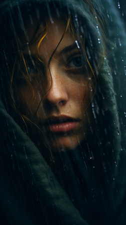 a woman in a hooded sweatshirt in the rainの素材