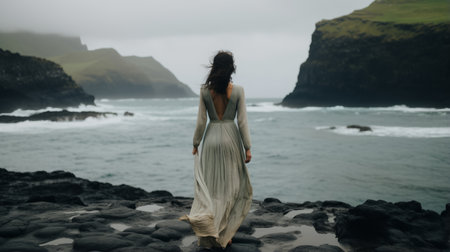 a woman in a long dress standing on rocks by the oceanの素材