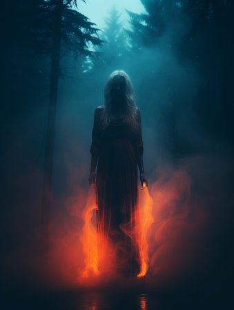 a woman in a long dress standing in the dark with fire coming out of her handsの素材