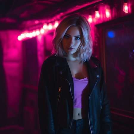 a woman in a pink top and leather jacket standing in front of neon lightsの素材