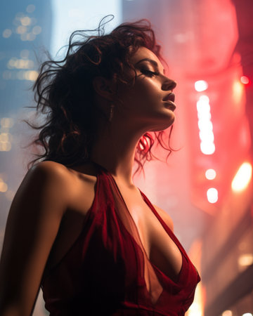 a woman in a red dress standing in front of city lightsの素材