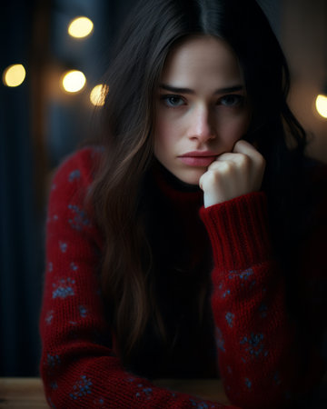 a woman in a red sweater sitting at a tableの素材