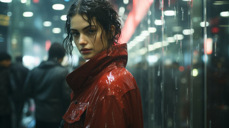 a woman in a red coat standing in a hallwayの素材