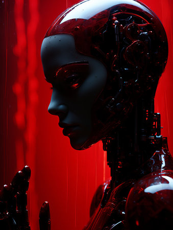 a woman in a red suit with a robot headの素材