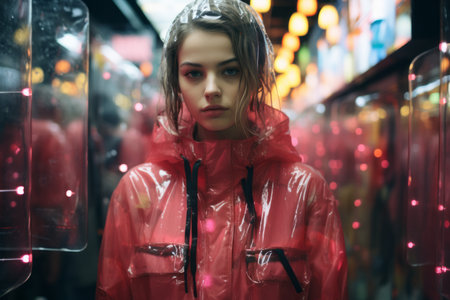 a woman in a red raincoat standing in front of a red lightの素材